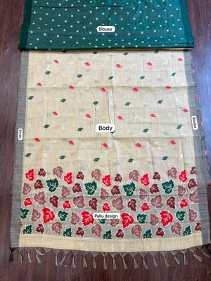 Beige easy drape leaf motif cotton linen  saree 5