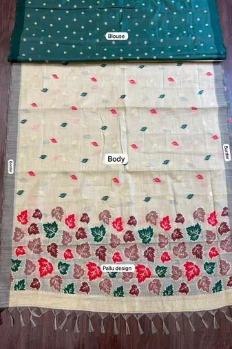 Beige easy drape leaf motif cotton linen  saree