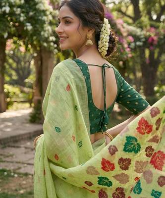Pistachio green instant wear linen cotton saree 2