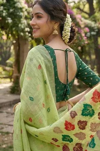 Pistachio green instant wear linen cotton saree
