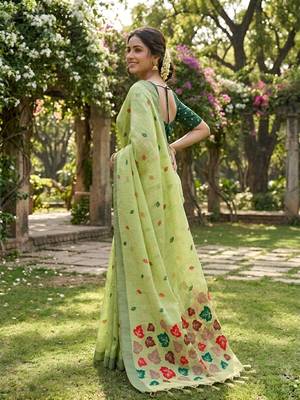 Pistachio green instant wear linen cotton saree 3