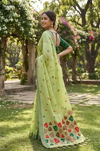 Pistachio green instant wear linen cotton saree