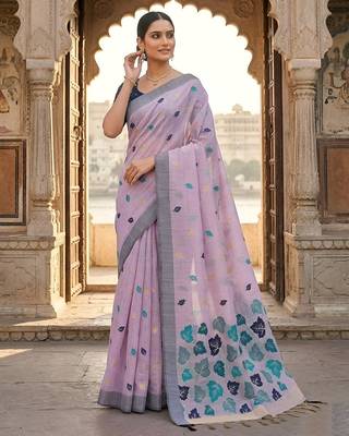 Lavender pink ready pleated cotton linen saree 1