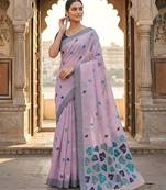 Lavender pink ready pleated cotton linen saree