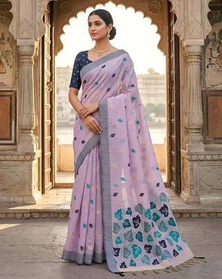 Lavender pink ready pleated cotton linen saree 2