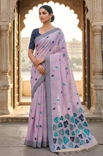 Lavender pink ready pleated cotton linen saree