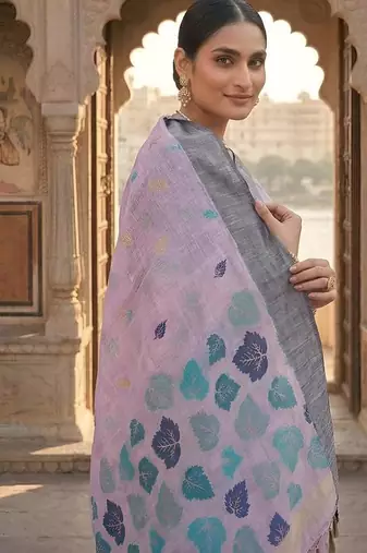 Lavender pink ready pleated cotton linen saree
