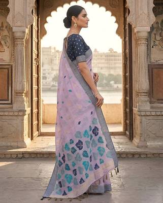 Lavender pink ready pleated cotton linen saree 4