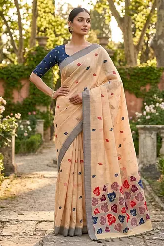 Orange leaf print ready to wear linen cotton saree