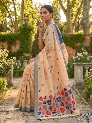 Orange leaf print ready to wear linen cotton saree 2