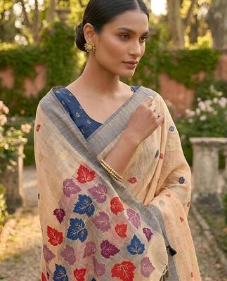 Orange leaf print ready to wear linen cotton saree 3