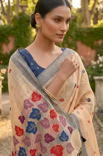 Orange leaf print ready to wear linen cotton saree