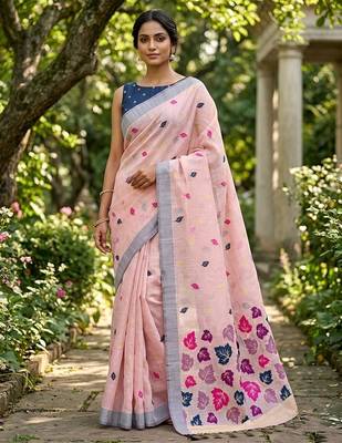 Blush pink readymade linen saree 1
