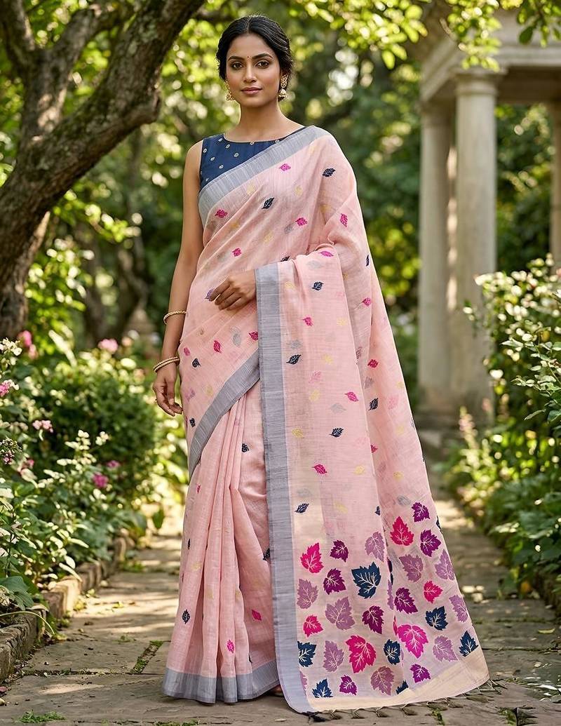 Blush pink readymade linen saree