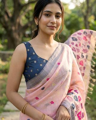 Blush pink readymade linen saree 2