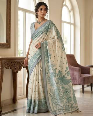 Sage green readymade kalamkari linen saree 1