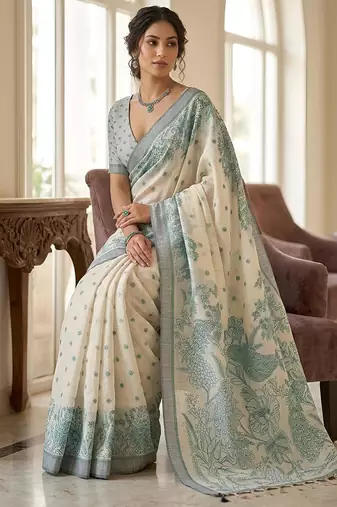 Sage green readymade kalamkari linen saree