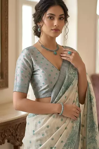 Sage green readymade kalamkari linen saree