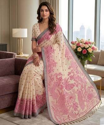 Blush pink pre draped kalamkari linen saree 2