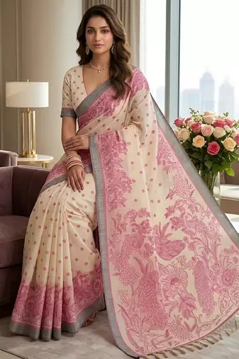Blush pink pre draped kalamkari linen saree