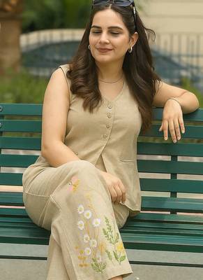 Beautiful beize cord set with embroidredpant 2