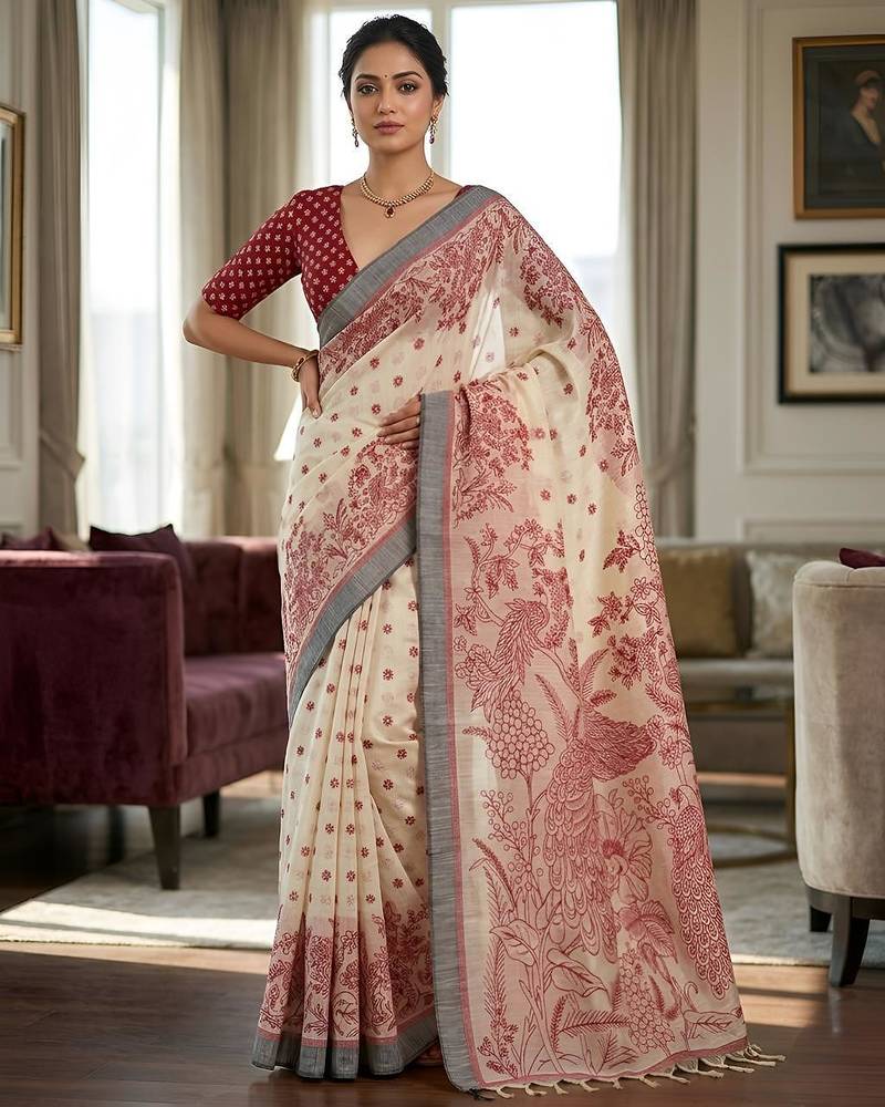 Maroon instant wear kalamkari linen saree