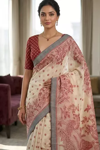 Maroon instant wear kalamkari linen saree