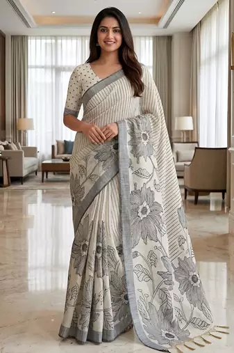 Charcoal grey floral ready to wear linen saree