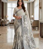 Charcoal grey floral ready to wear linen saree