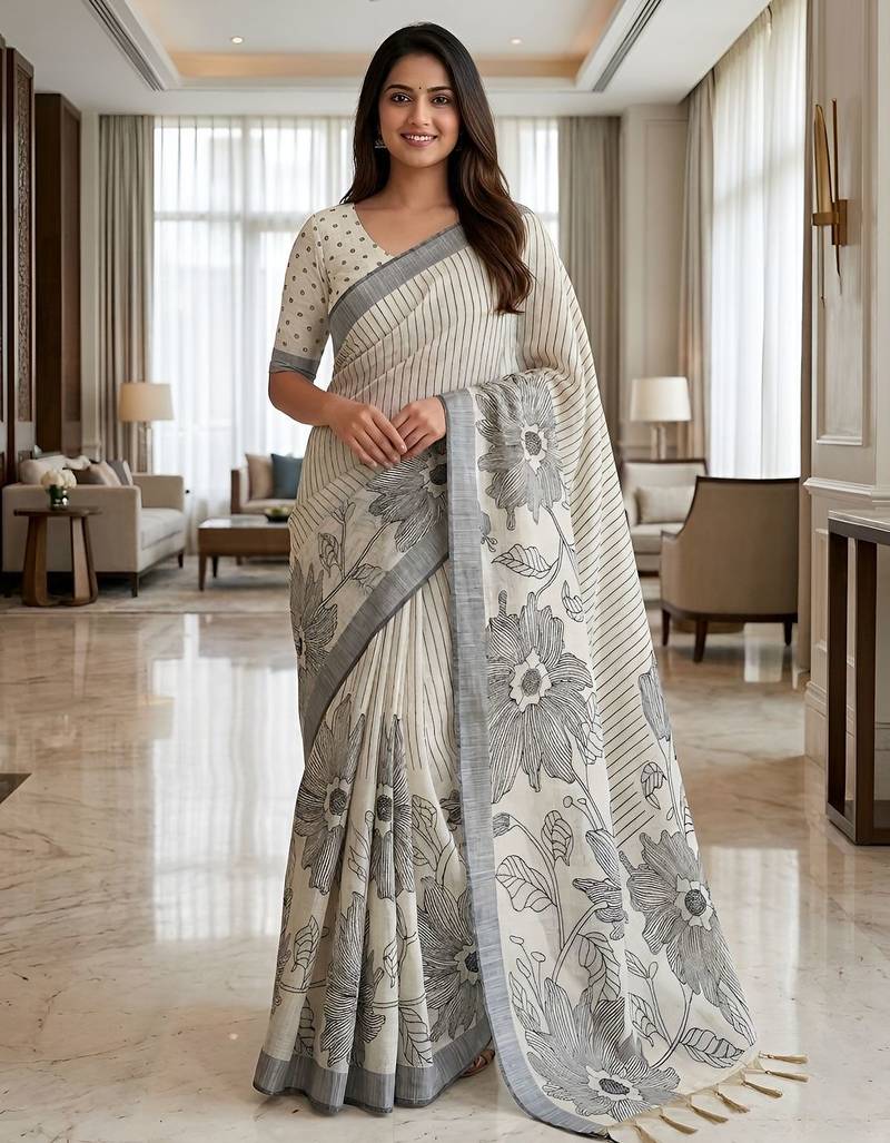 Charcoal grey floral ready to wear linen saree