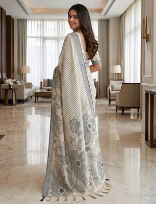 Charcoal grey floral ready to wear linen saree 3