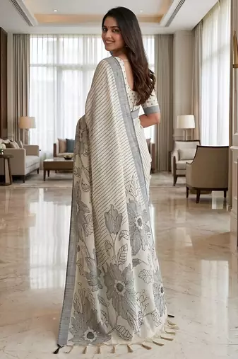 Charcoal grey floral ready to wear linen saree