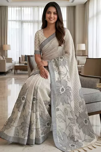 Charcoal grey floral ready to wear linen saree