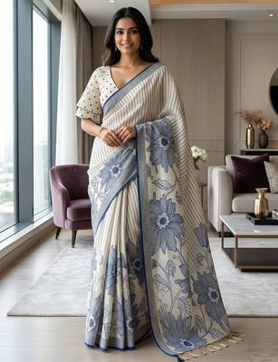 Royal blue readymade floral linen saree 1