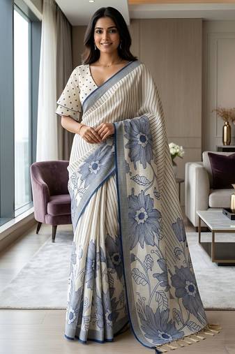 Royal blue readymade floral linen saree
