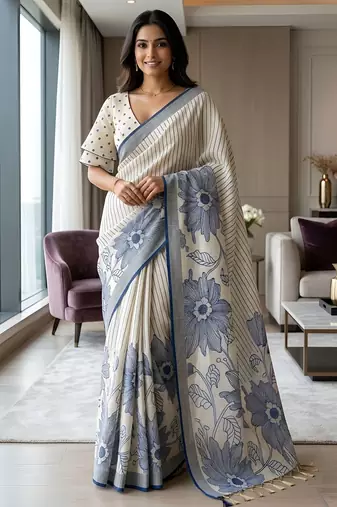 Royal blue readymade floral linen saree