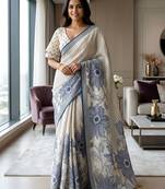 Royal blue readymade floral linen saree