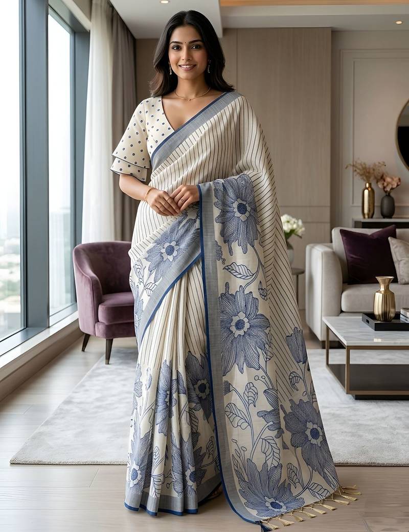 Royal blue readymade floral linen saree