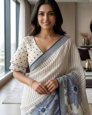 Royal blue readymade floral linen saree 3