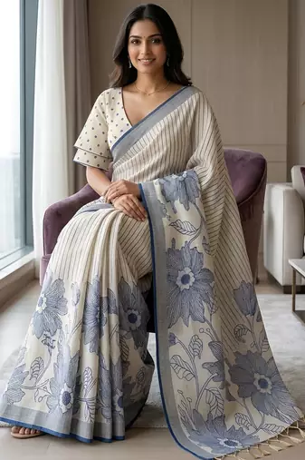 Royal blue readymade floral linen saree
