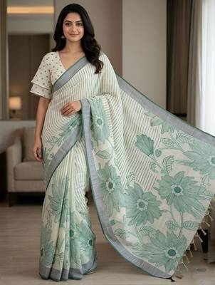Sage green pre stitched floral linen saree 1
