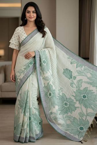 Sage green pre stitched floral linen saree