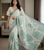 Sage green pre stitched floral linen saree