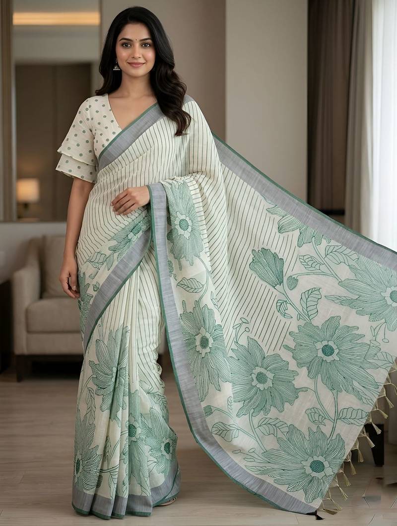 Sage green pre stitched floral linen saree