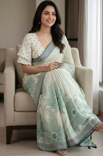 Sage green pre stitched floral linen saree