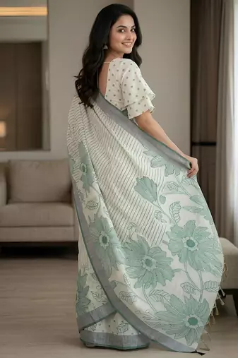 Sage green pre stitched floral linen saree