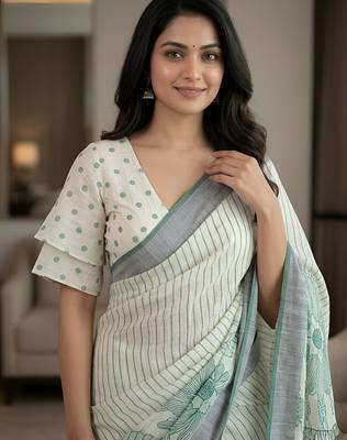 Sage green pre stitched floral linen saree 4