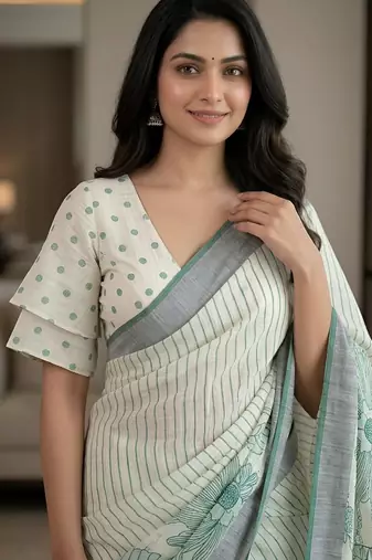 Sage green pre stitched floral linen saree