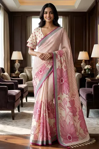 Sage green easy drape floral linen saree