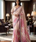 Sage green easy drape floral linen saree